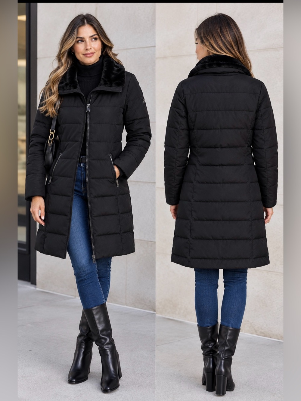Andrew Marc Black Quilted Puffer Coat with Faux-Fur Collar
